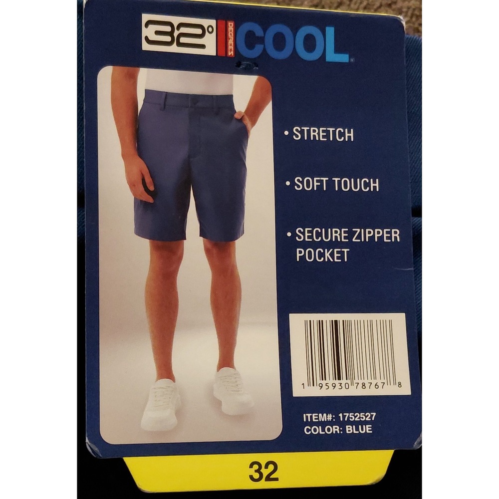 32 Degrees Cool Stretch Performance Shorts Blue Sz 32 Polyester Zipper Pocket